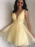 A Line V Neck Sparkly Yellow Tulle Beading Short Homecoming Dress LBQH0111